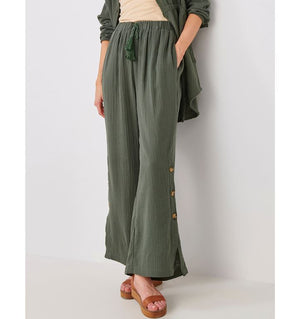 Cotton Gauze Pant with Buttons - Olive