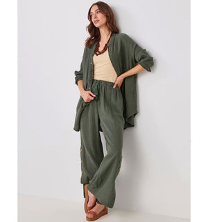 Cotton Gauze Pant with Buttons - Olive