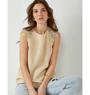 Lace Shoulder Gauze Top - Beige