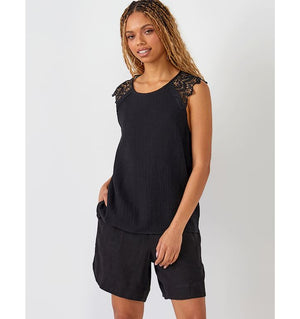 Lace Shoulder Gauze Top - Black