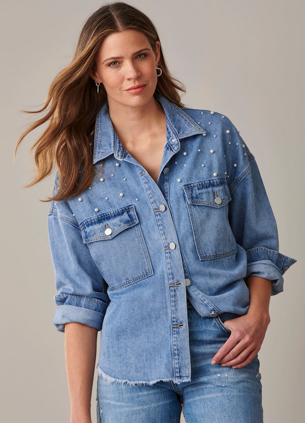 Denim jacket with fashion pearl detail